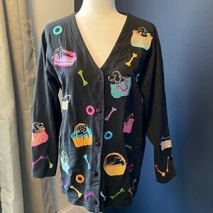 MICHAEL Simon Lite Vintage Embroidered Dog Patch Button Up Cardigan